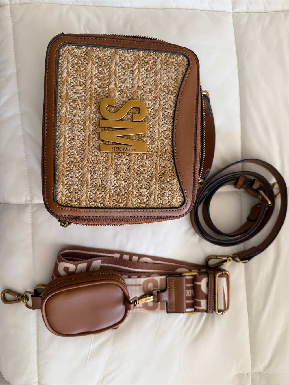 Steve Madden Tan and Natural Woven Camera Bag with Logo Strap
